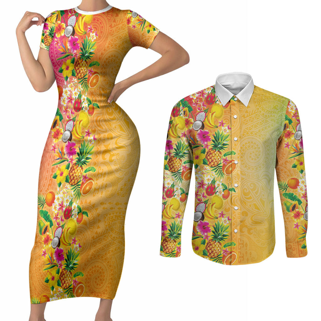Hawaiian Tropical Fruits and Plants Couples Matching Short Sleeve Bodycon Dress and Long Sleeve Button Shirt Kakau Pattern Summer Vibe LT03 Multicolor - Polynesian Pride