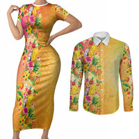 Hawaiian Tropical Fruits and Plants Couples Matching Short Sleeve Bodycon Dress and Long Sleeve Button Shirt Kakau Pattern Summer Vibe LT03 Multicolor - Polynesian Pride