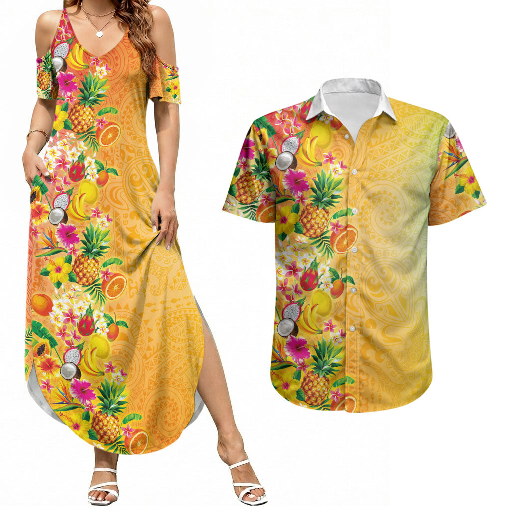 Hawaiian Tropical Fruits and Plants Couples Matching Summer Maxi Dress and Hawaiian Shirt Kakau Pattern Summer Vibe LT03 Multicolor - Polynesian Pride