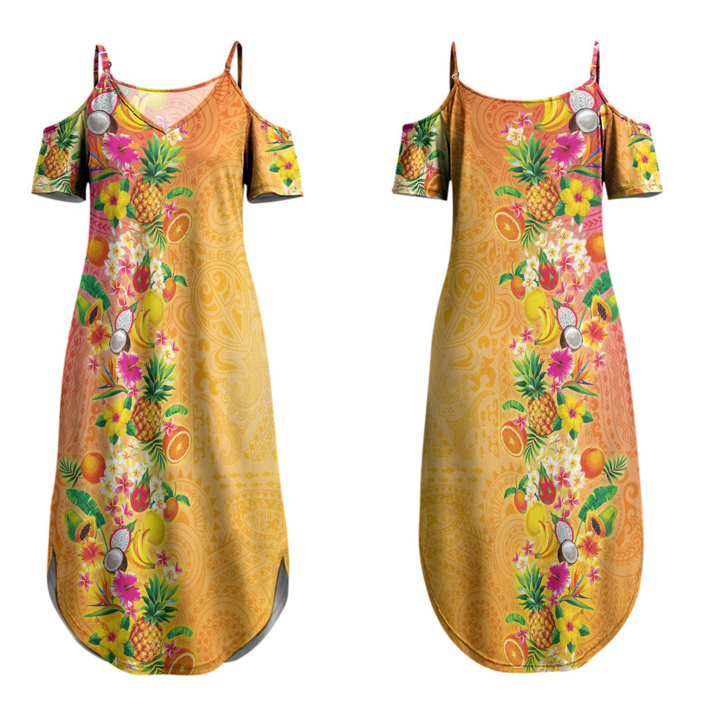 Hawaiian Tropical Fruits and Plants Couples Matching Summer Maxi Dress and Hawaiian Shirt Kakau Pattern Summer Vibe LT03 - Polynesian Pride