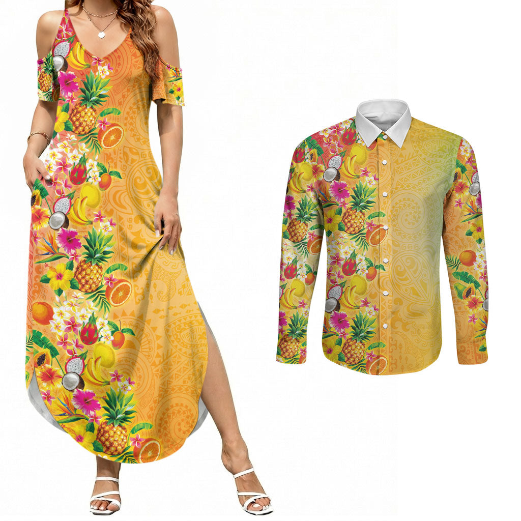Hawaiian Tropical Fruits and Plants Couples Matching Summer Maxi Dress and Long Sleeve Button Shirt Kakau Pattern Summer Vibe LT03 Multicolor - Polynesian Pride