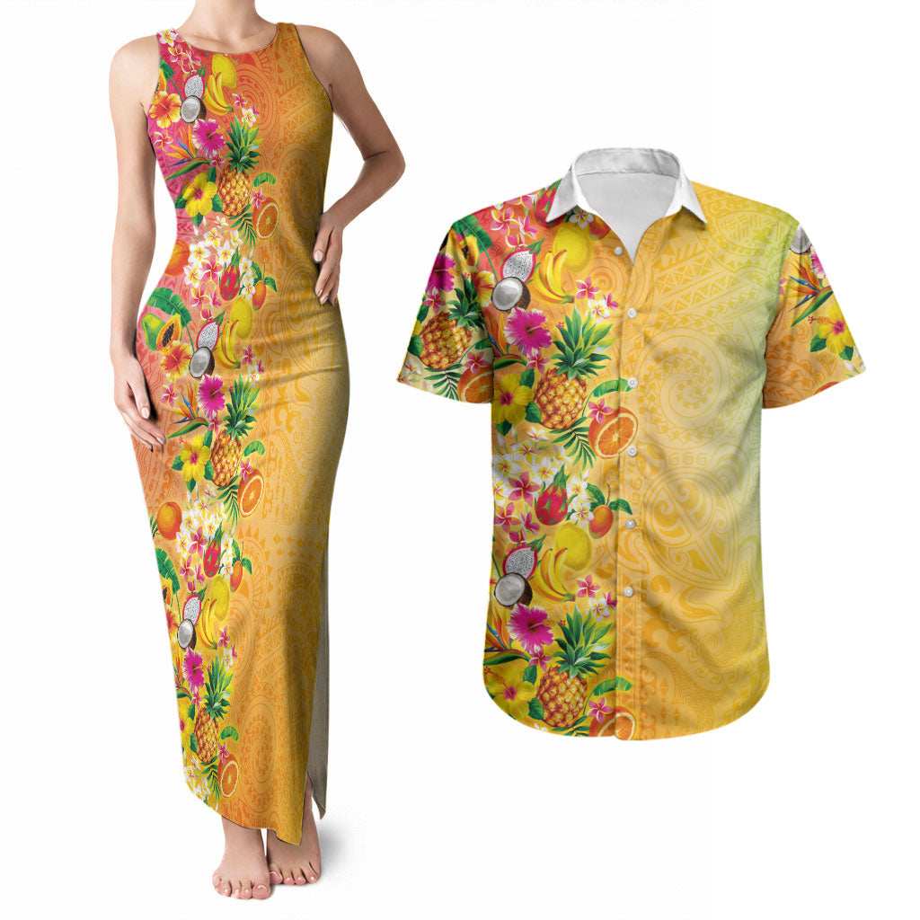Hawaiian Tropical Fruits and Plants Couples Matching Tank Maxi Dress and Hawaiian Shirt Kakau Pattern Summer Vibe LT03 Multicolor - Polynesian Pride