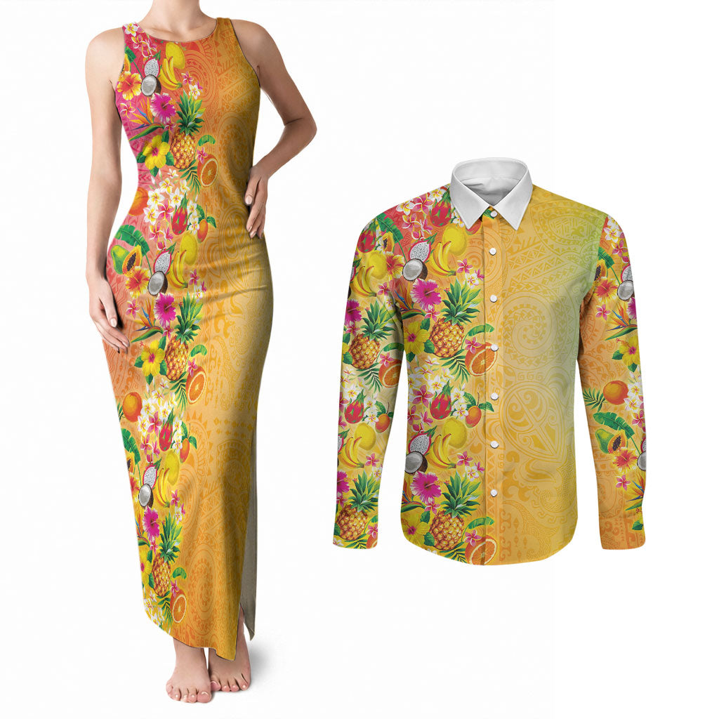 Hawaiian Tropical Fruits and Plants Couples Matching Tank Maxi Dress and Long Sleeve Button Shirt Kakau Pattern Summer Vibe LT03 Multicolor - Polynesian Pride