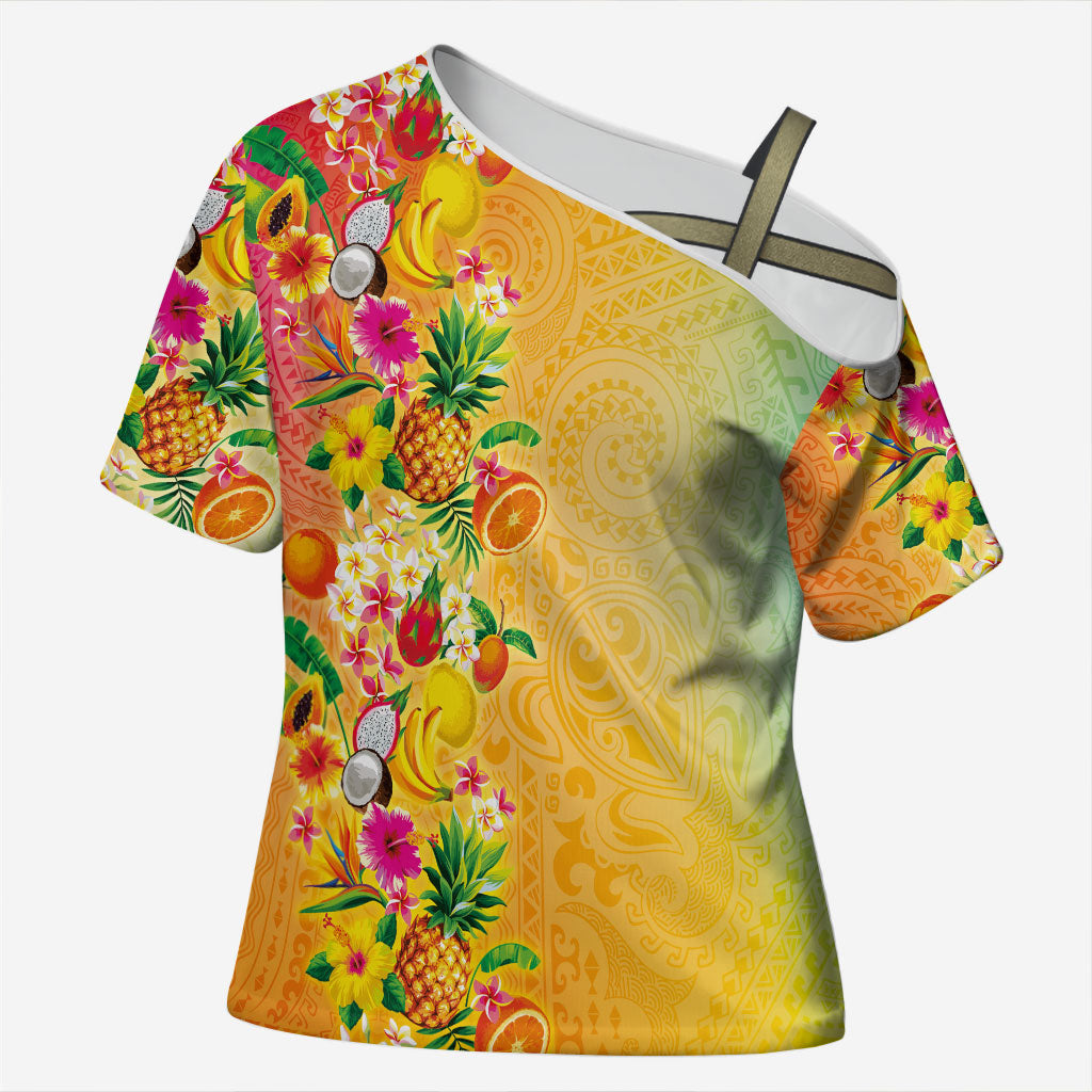 Hawaiian Tropical Fruits and Plants Cross Shoulder Shirt Kakau Pattern Summer Vibe LT03 Female Multicolor - Polynesian Pride