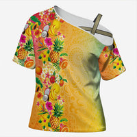 Hawaiian Tropical Fruits and Plants Cross Shoulder Shirt Kakau Pattern Summer Vibe LT03 Female Multicolor - Polynesian Pride