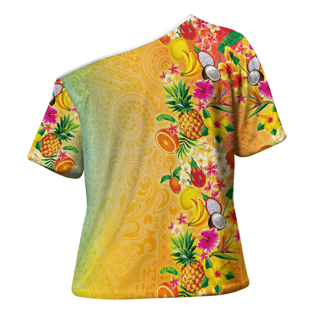 Hawaiian Tropical Fruits and Plants Cross Shoulder Shirt Kakau Pattern Summer Vibe LT03 - Polynesian Pride