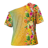 Hawaiian Tropical Fruits and Plants Cross Shoulder Shirt Kakau Pattern Summer Vibe LT03 - Polynesian Pride