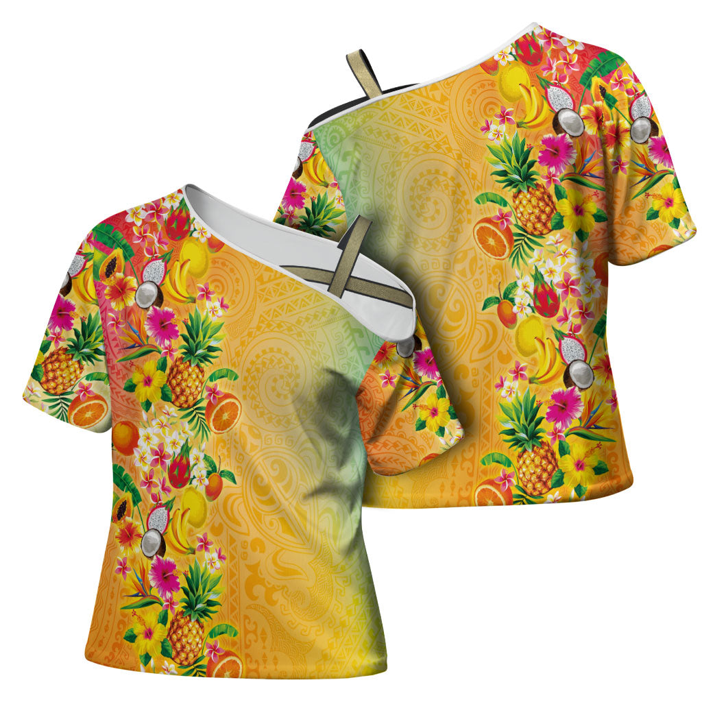 Hawaiian Tropical Fruits and Plants Cross Shoulder Shirt Kakau Pattern Summer Vibe LT03 - Polynesian Pride