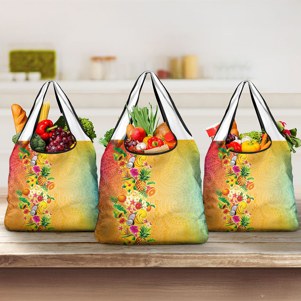 Hawaiian Tropical Fruits and Plants Grocery Bag Kakau Pattern Summer Vibe LT03 3-pack One Size Multicolor - Polynesian Pride