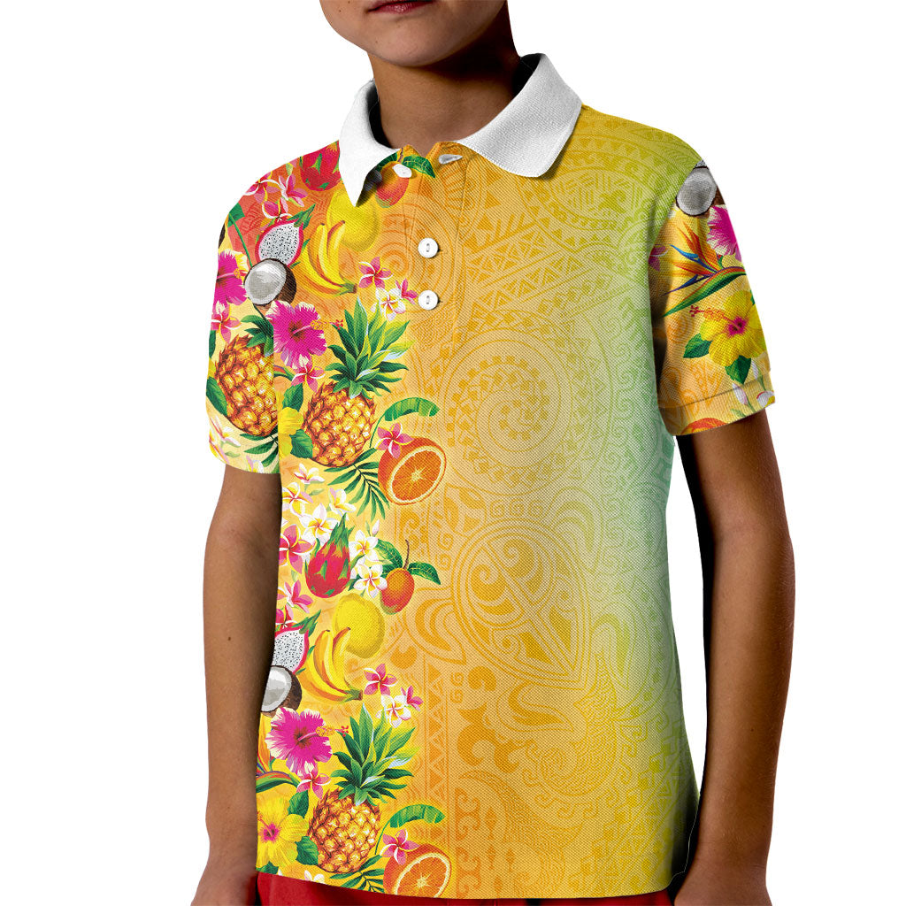 Hawaiian Tropical Fruits and Plants Kid Polo Shirt Kakau Pattern Summer Vibe LT03 Kid Multicolor - Polynesian Pride