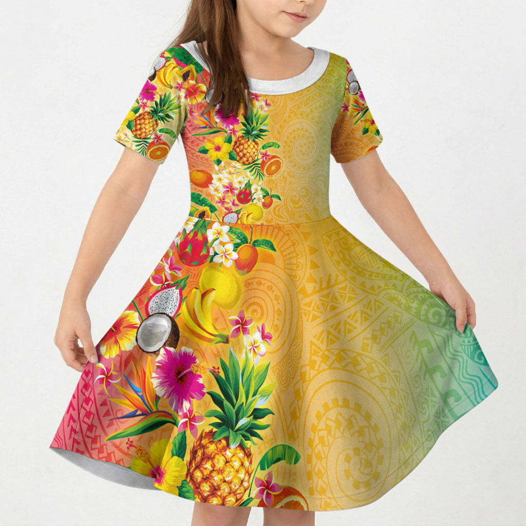 Hawaiian Tropical Fruits and Plants Kid Short Sleeve Dress Kakau Pattern Summer Vibe LT03 KID Multicolor - Polynesian Pride