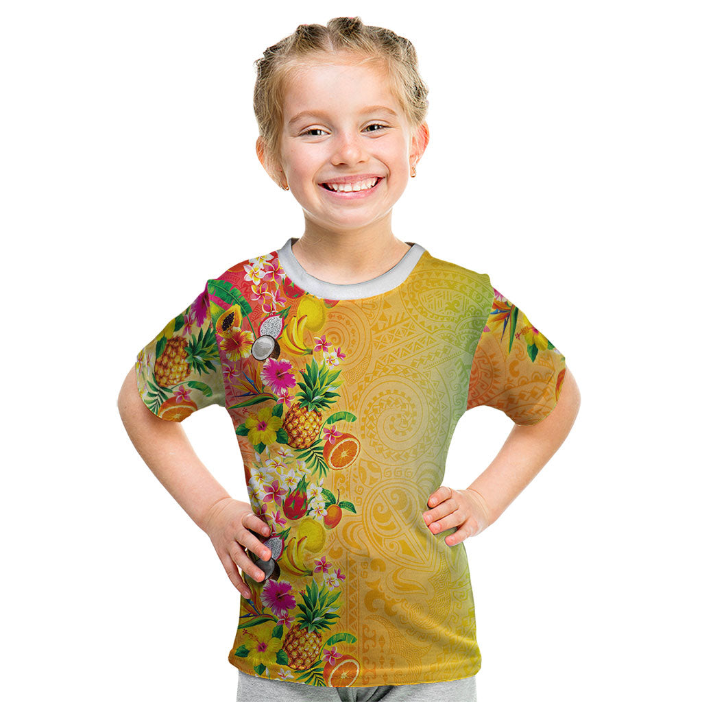 Hawaiian Tropical Fruits and Plants Kid T Shirt Kakau Pattern Summer Vibe LT03 Multicolor - Polynesian Pride