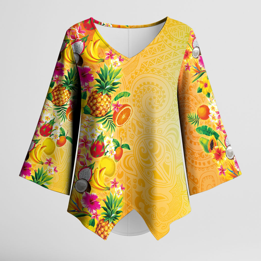 Hawaiian Tropical Fruits and Plants Kimono Sleeve Blouse Kakau Pattern Summer Vibe LT03 Female Multicolor - Polynesian Pride