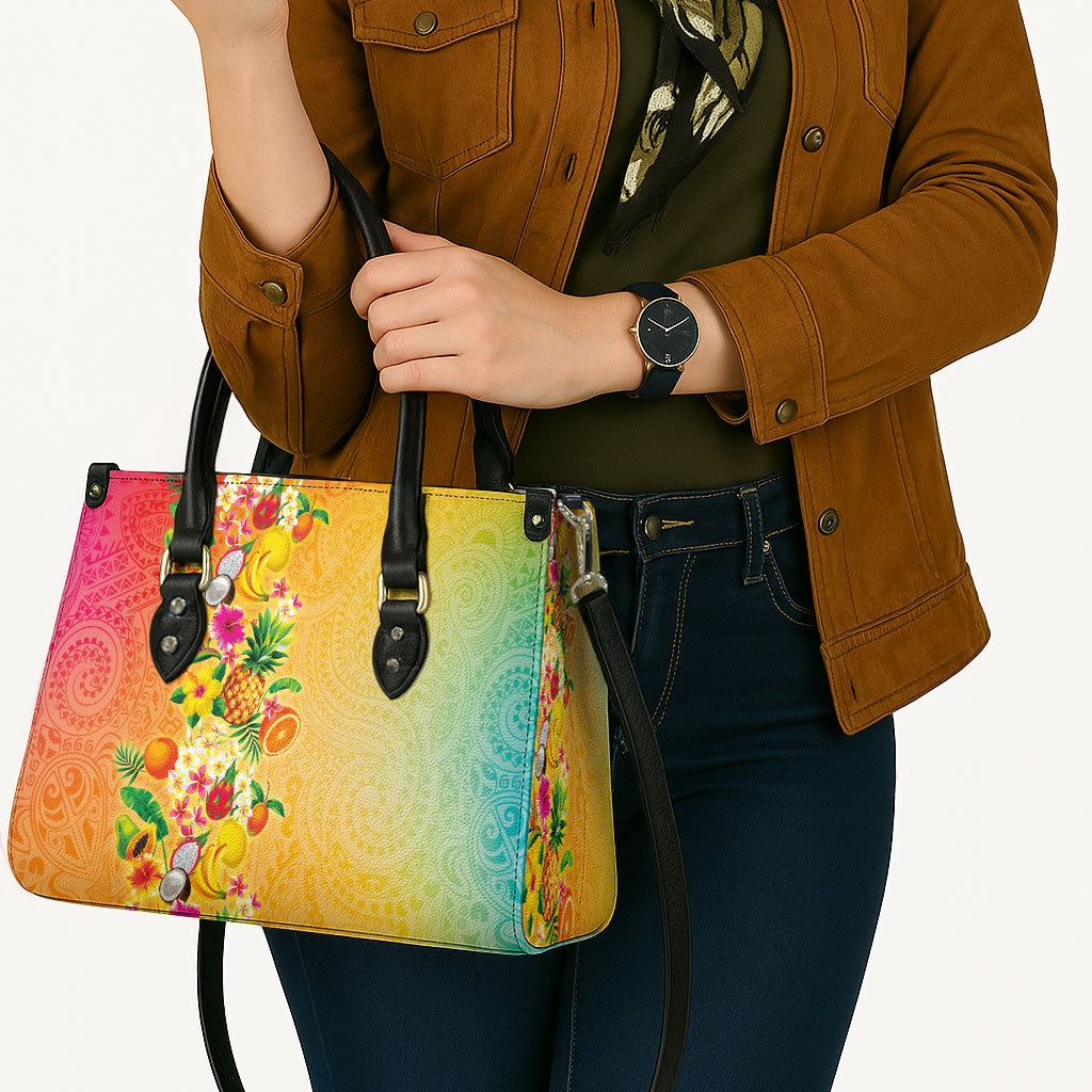 Hawaiian Tropical Fruits and Plants Leather Bag Kakau Pattern Summer Vibe LT03 - Polynesian Pride
