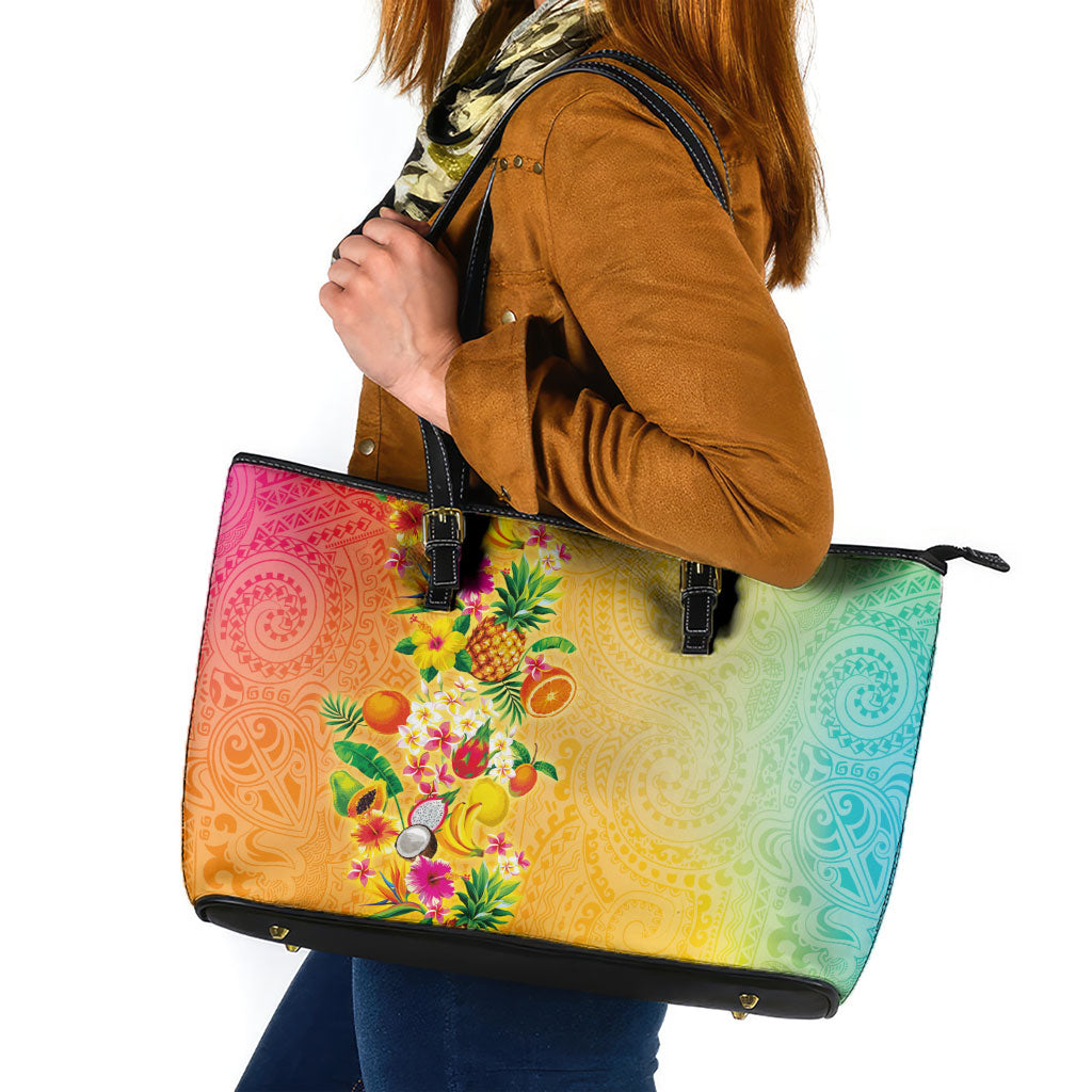 Hawaiian Tropical Fruits and Plants Leather Tote Bag Kakau Pattern Summer Vibe LT03 Multicolor - Polynesian Pride