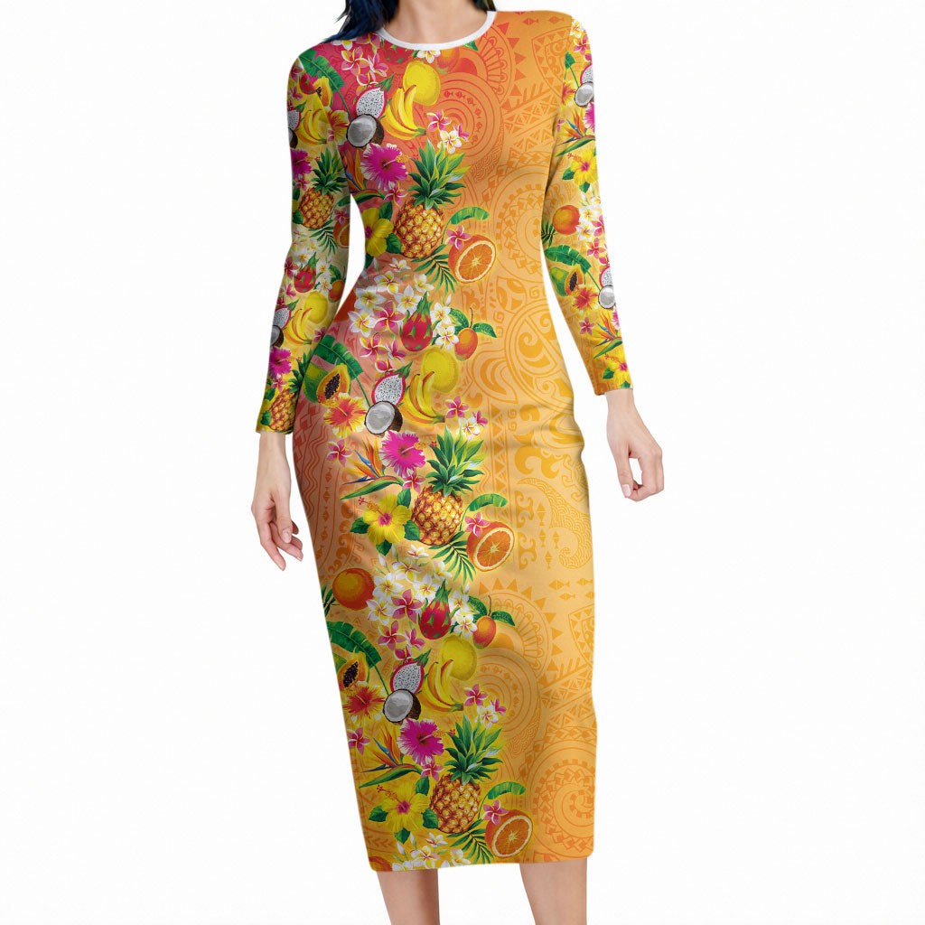 Hawaiian Tropical Fruits and Plants Long Sleeve Bodycon Dress Kakau Pattern Summer Vibe LT03 Long Dress Multicolor - Polynesian Pride