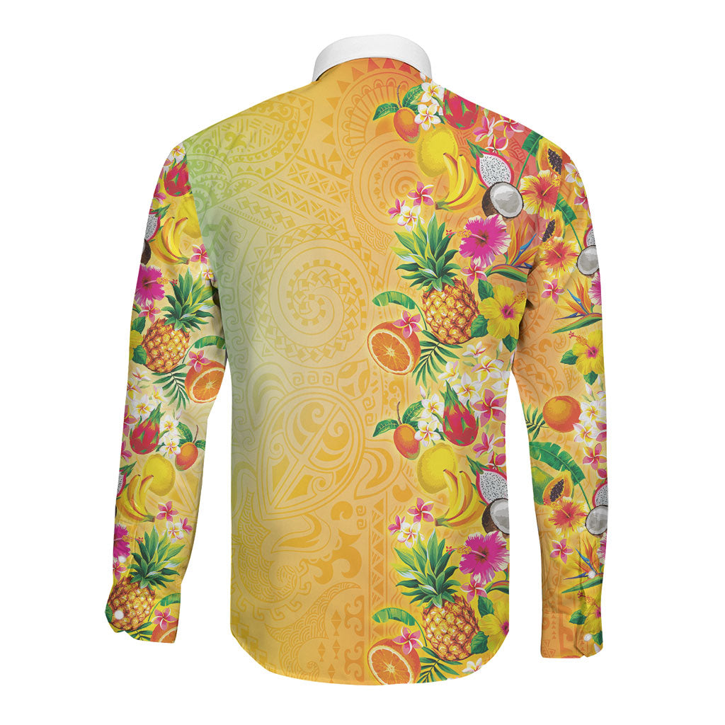 Hawaiian Tropical Fruits and Plants Long Sleeve Button Shirt Kakau Pattern Summer Vibe LT03 - Polynesian Pride