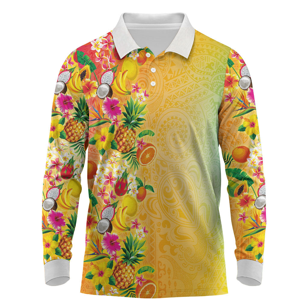 Hawaiian Tropical Fruits and Plants Long Sleeve Polo Shirt Kakau Pattern Summer Vibe LT03 Multicolor - Polynesian Pride