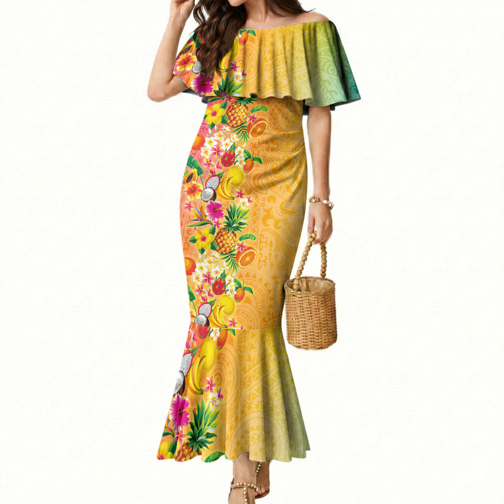 Hawaiian Tropical Fruits and Plants Mermaid Dress Kakau Pattern Summer Vibe LT03 Women Multicolor - Polynesian Pride