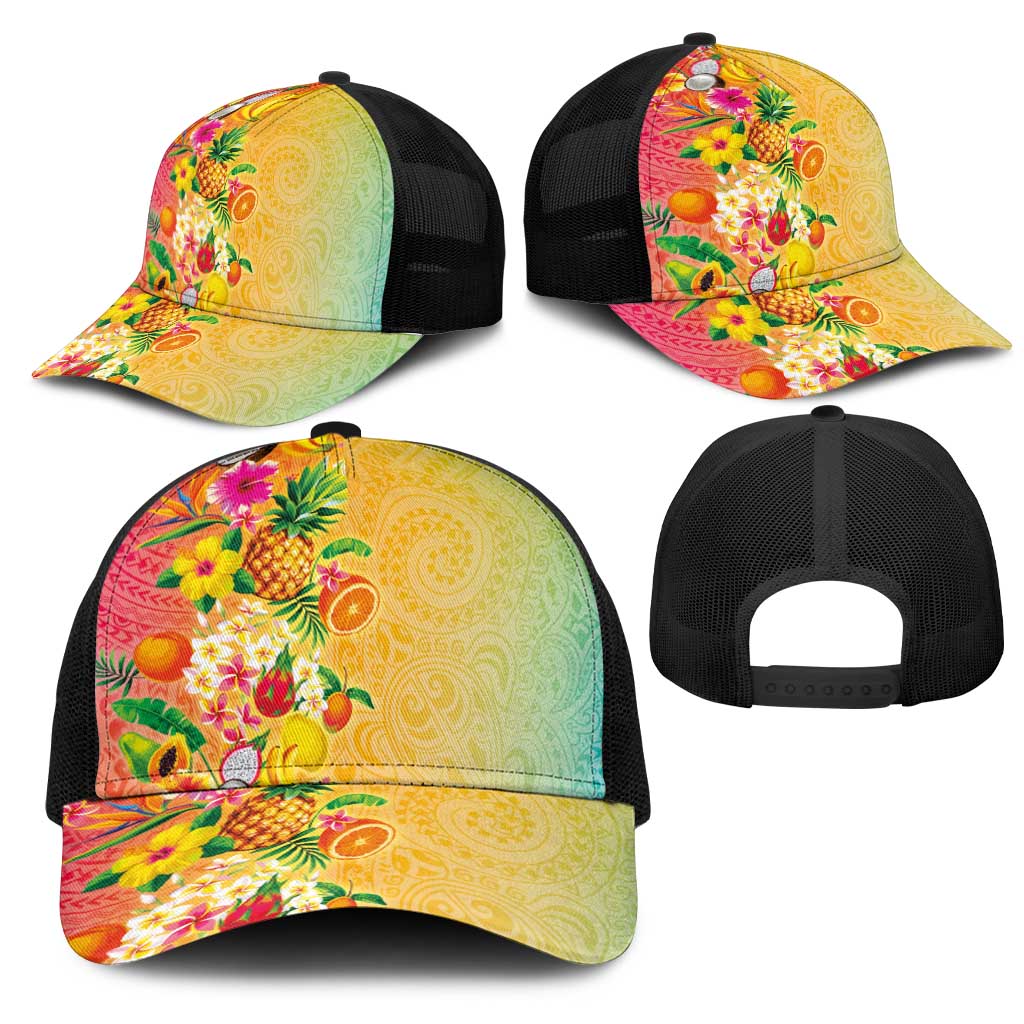 Hawaiian Tropical Fruits and Plants Mesh Trucker Cap Kakau Pattern Summer Vibe LT03 - Polynesian Pride