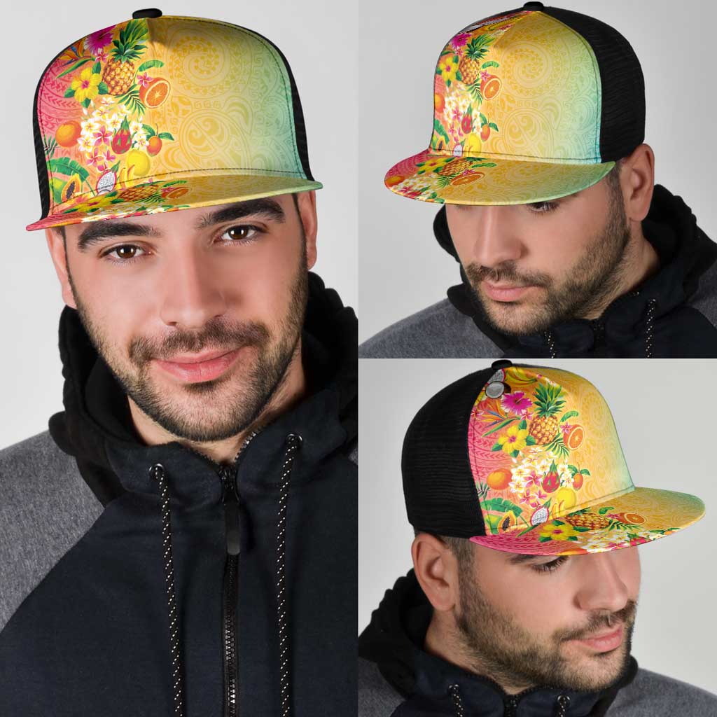 Hawaiian Tropical Fruits and Plants Mesh Trucker Cap Kakau Pattern Summer Vibe LT03 - Polynesian Pride