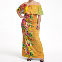 Hawaiian Tropical Fruits and Plants Off Shoulder Maxi Dress Kakau Pattern Summer Vibe LT03 Women Multicolor - Polynesian Pride