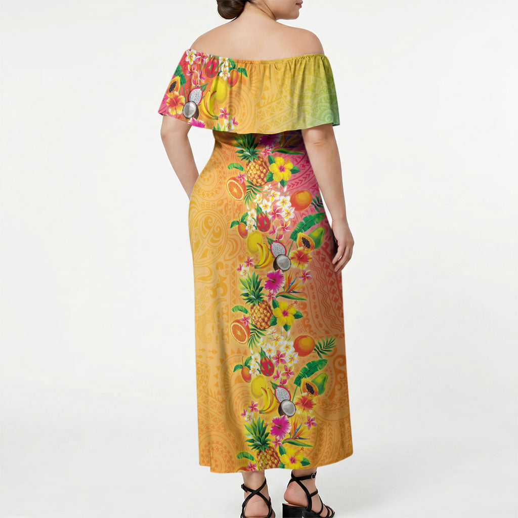 Hawaiian Tropical Fruits and Plants Off Shoulder Maxi Dress Kakau Pattern Summer Vibe LT03 - Polynesian Pride