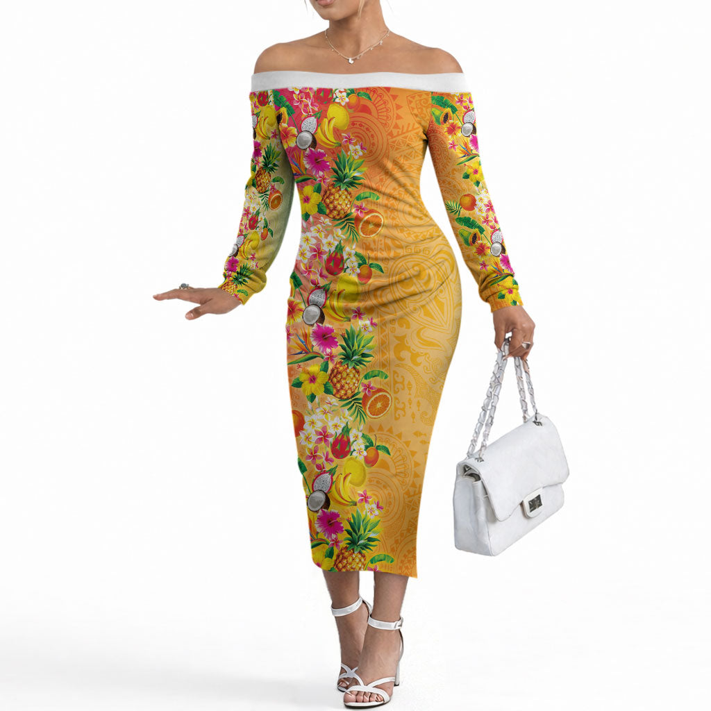 Hawaiian Tropical Fruits and Plants Off The Shoulder Long Sleeve Dress Kakau Pattern Summer Vibe LT03 Women Multicolor - Polynesian Pride