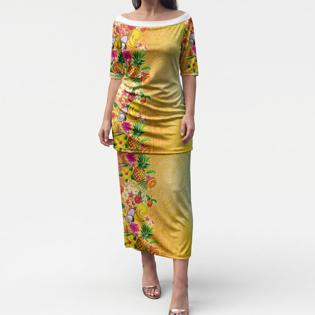 Hawaiian Tropical Fruits and Plants Puletasi Kakau Pattern Summer Vibe LT03 Long Dress Multicolor - Polynesian Pride