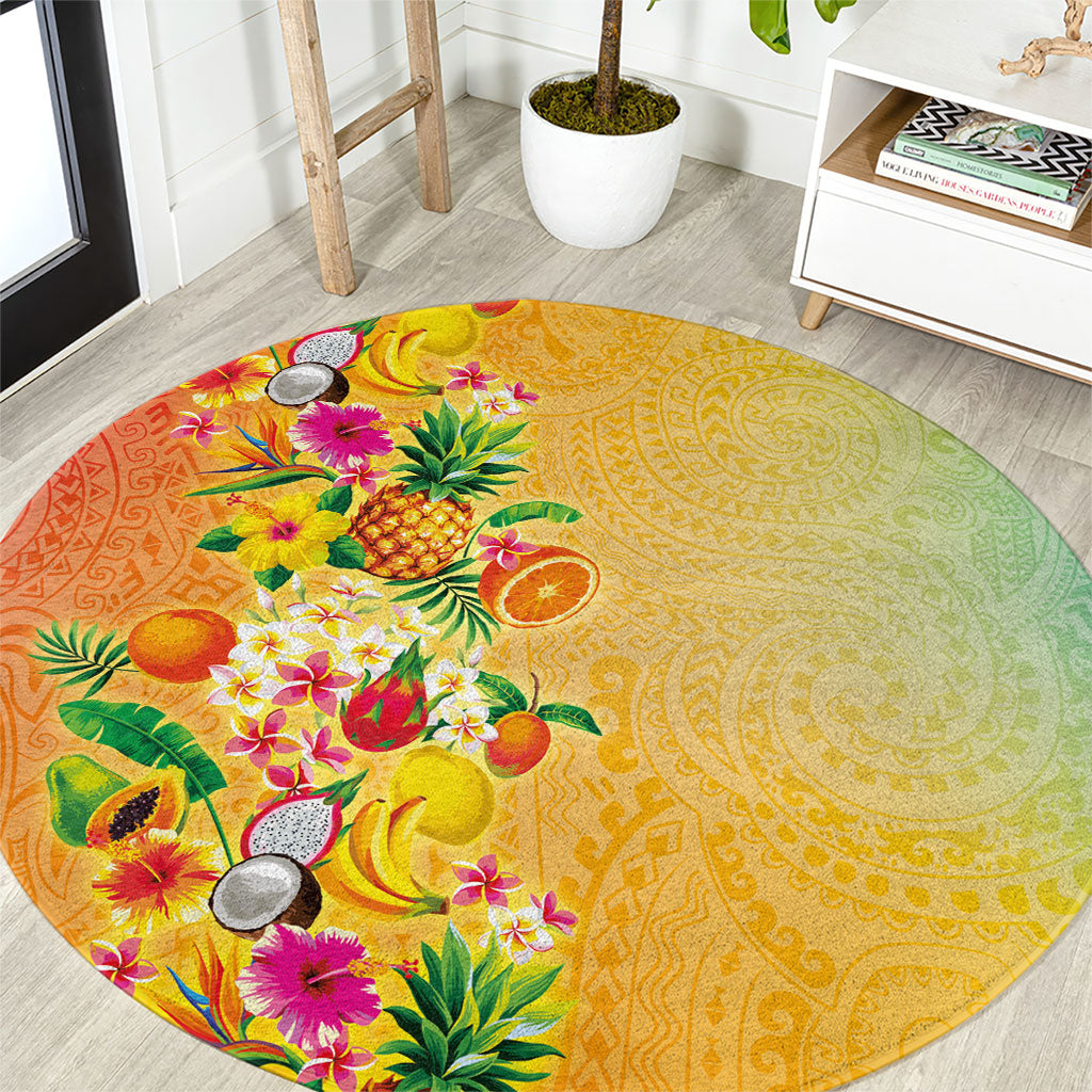 Hawaiian Tropical Fruits and Plants Round Carpet Kakau Pattern Summer Vibe LT03 Multicolor - Polynesian Pride