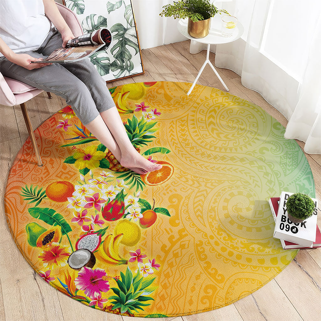 Hawaiian Tropical Fruits and Plants Round Carpet Kakau Pattern Summer Vibe LT03 - Polynesian Pride