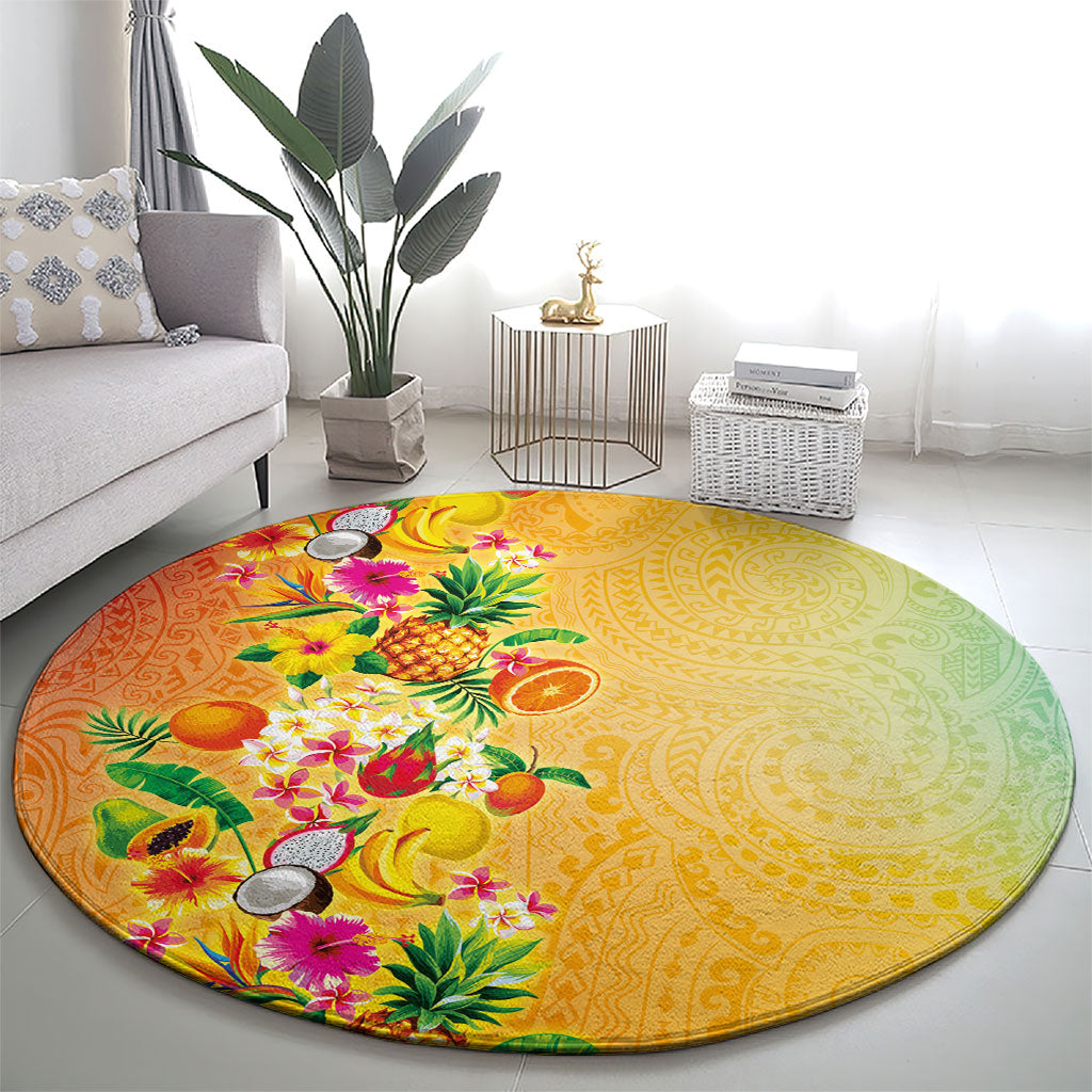 Hawaiian Tropical Fruits and Plants Round Carpet Kakau Pattern Summer Vibe LT03 - Polynesian Pride