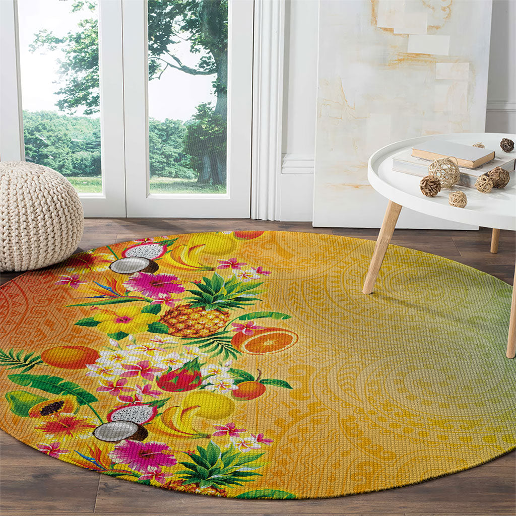 Hawaiian Tropical Fruits and Plants Round Carpet Kakau Pattern Summer Vibe LT03 - Polynesian Pride