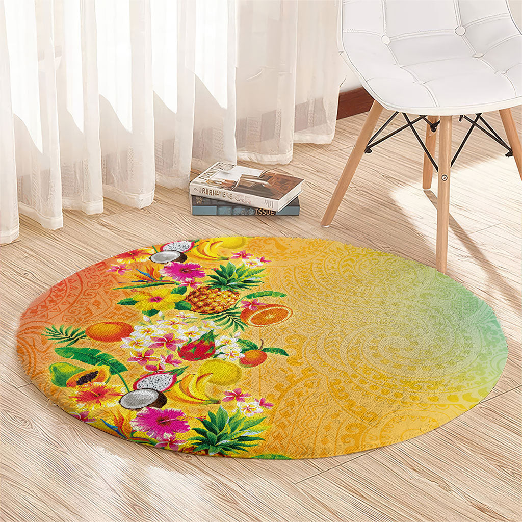 Hawaiian Tropical Fruits and Plants Round Carpet Kakau Pattern Summer Vibe LT03 - Polynesian Pride