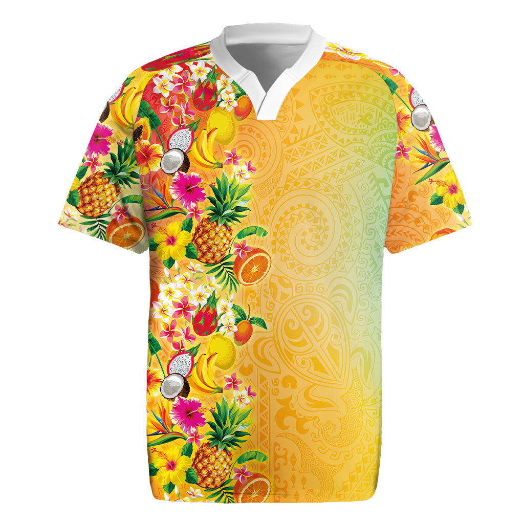Hawaiian Tropical Fruits and Plants Rugby Jersey Kakau Pattern Summer Vibe LT03 Multicolor - Polynesian Pride