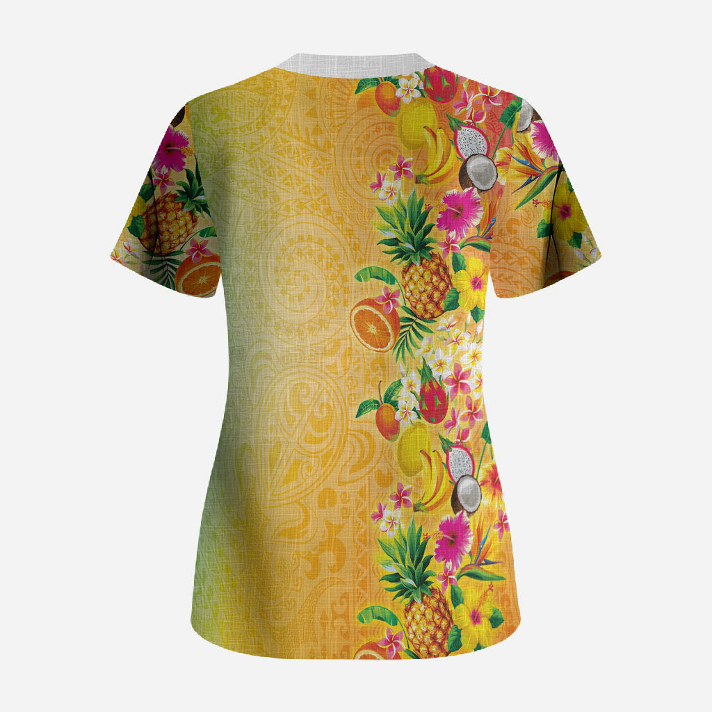 Hawaiian Tropical Fruits and Plants Scrub Top Kakau Pattern Summer Vibe LT03 - Polynesian Pride
