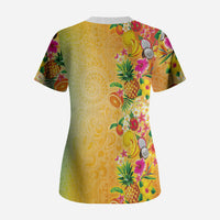 Hawaiian Tropical Fruits and Plants Scrub Top Kakau Pattern Summer Vibe LT03 - Polynesian Pride