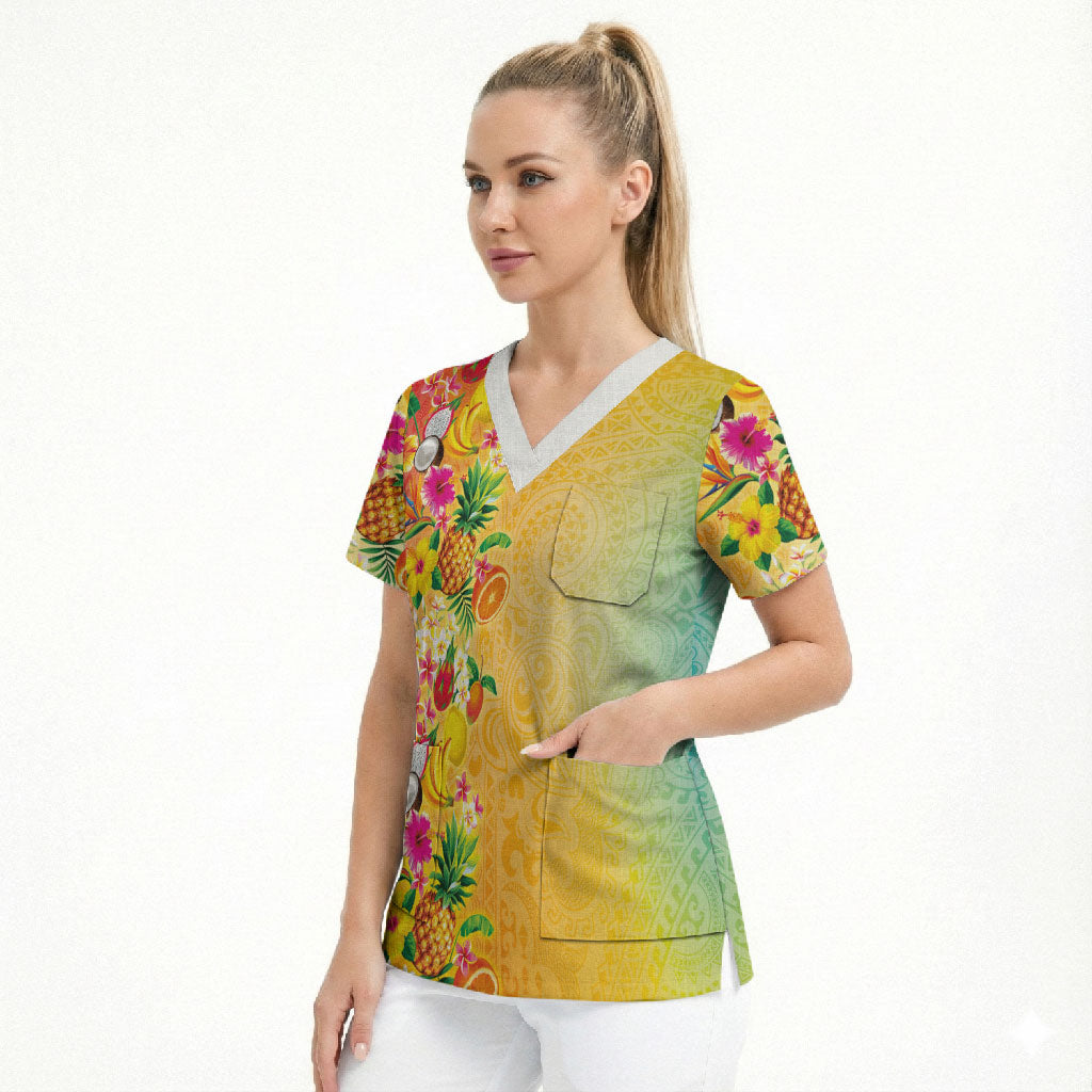 Hawaiian Tropical Fruits and Plants Scrub Top Kakau Pattern Summer Vibe LT03 - Polynesian Pride