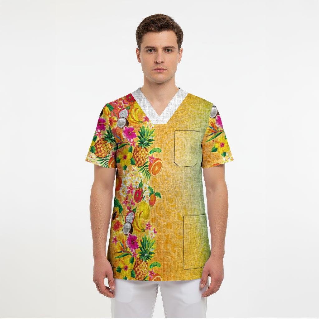 Hawaiian Tropical Fruits and Plants Scrub Top Kakau Pattern Summer Vibe LT03 - Polynesian Pride