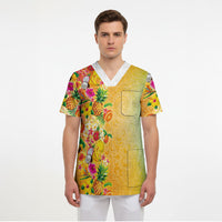 Hawaiian Tropical Fruits and Plants Scrub Top Kakau Pattern Summer Vibe LT03 - Polynesian Pride