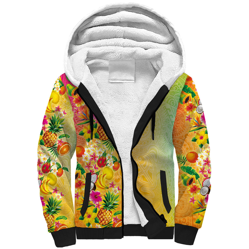 Hawaiian Tropical Fruits and Plants Sherpa Hoodie Kakau Pattern Summer Vibe LT03 Unisex Multicolor - Polynesian Pride