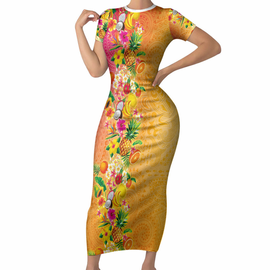 Hawaiian Tropical Fruits and Plants Short Sleeve Bodycon Dress Kakau Pattern Summer Vibe LT03 Long Dress Multicolor - Polynesian Pride