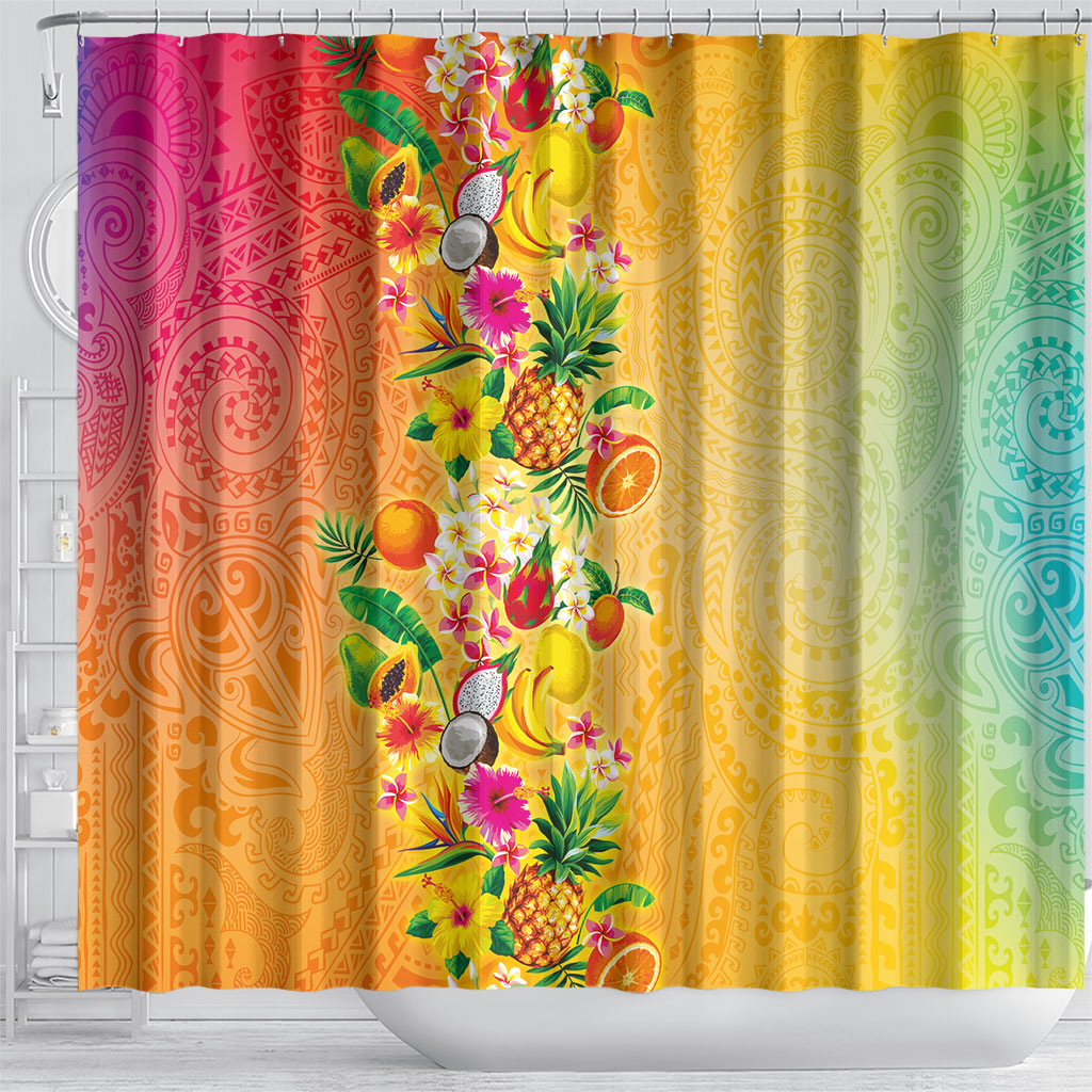 Hawaiian Tropical Fruits and Plants Shower Curtain Kakau Pattern Summer Vibe LT03 - Polynesian Pride