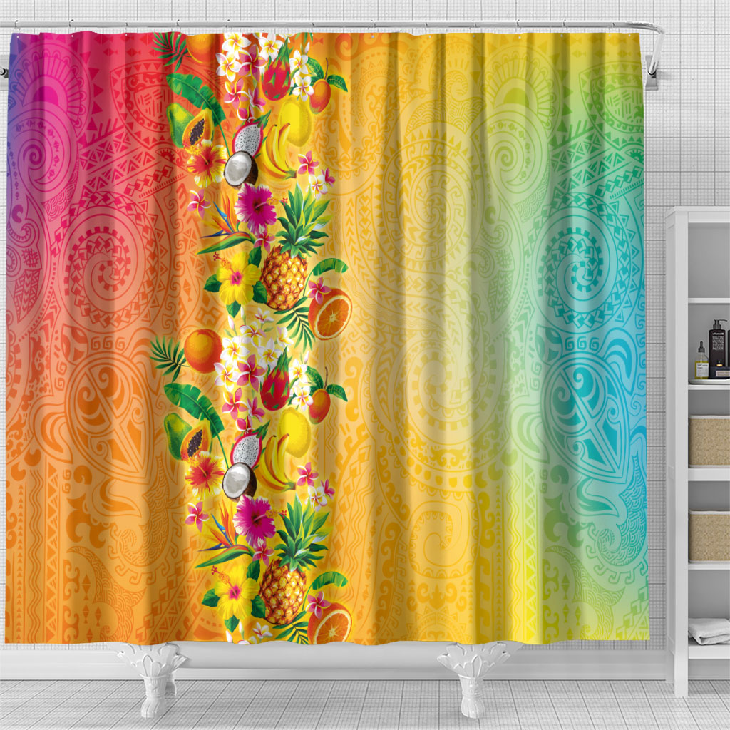 Hawaiian Tropical Fruits and Plants Shower Curtain Kakau Pattern Summer Vibe LT03 - Polynesian Pride