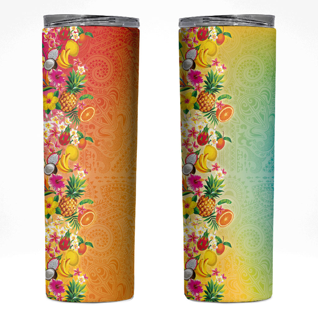 Hawaiian Tropical Fruits and Plants Skinny Tumbler Kakau Pattern Summer Vibe LT03 Multicolor - Polynesian Pride