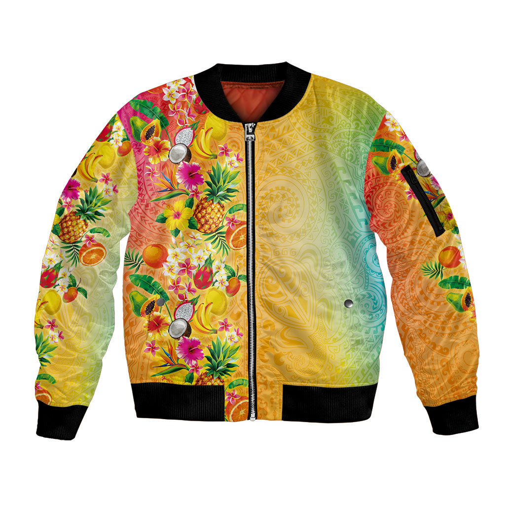 Hawaiian Tropical Fruits and Plants Sleeve Zip Bomber Jacket Kakau Pattern Summer Vibe LT03 Unisex Multicolor - Polynesian Pride