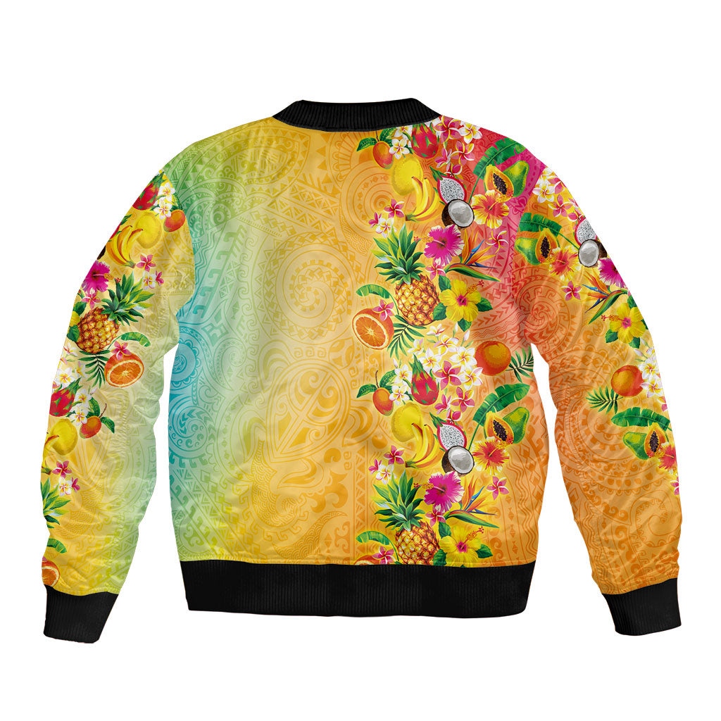 Hawaiian Tropical Fruits and Plants Sleeve Zip Bomber Jacket Kakau Pattern Summer Vibe LT03 - Polynesian Pride