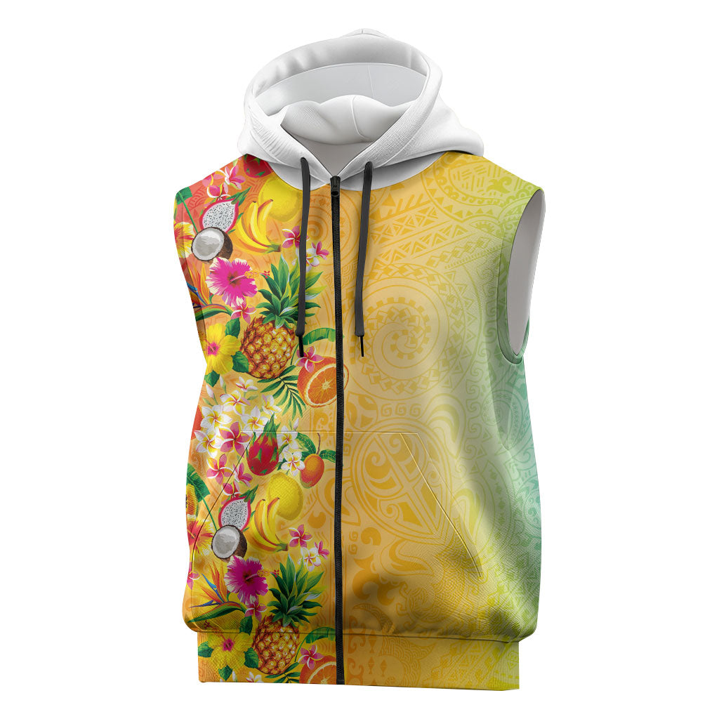 Hawaiian Tropical Fruits and Plants Sleeveless Zip Hoodie Kakau Pattern Summer Vibe LT03 Multicolor - Polynesian Pride