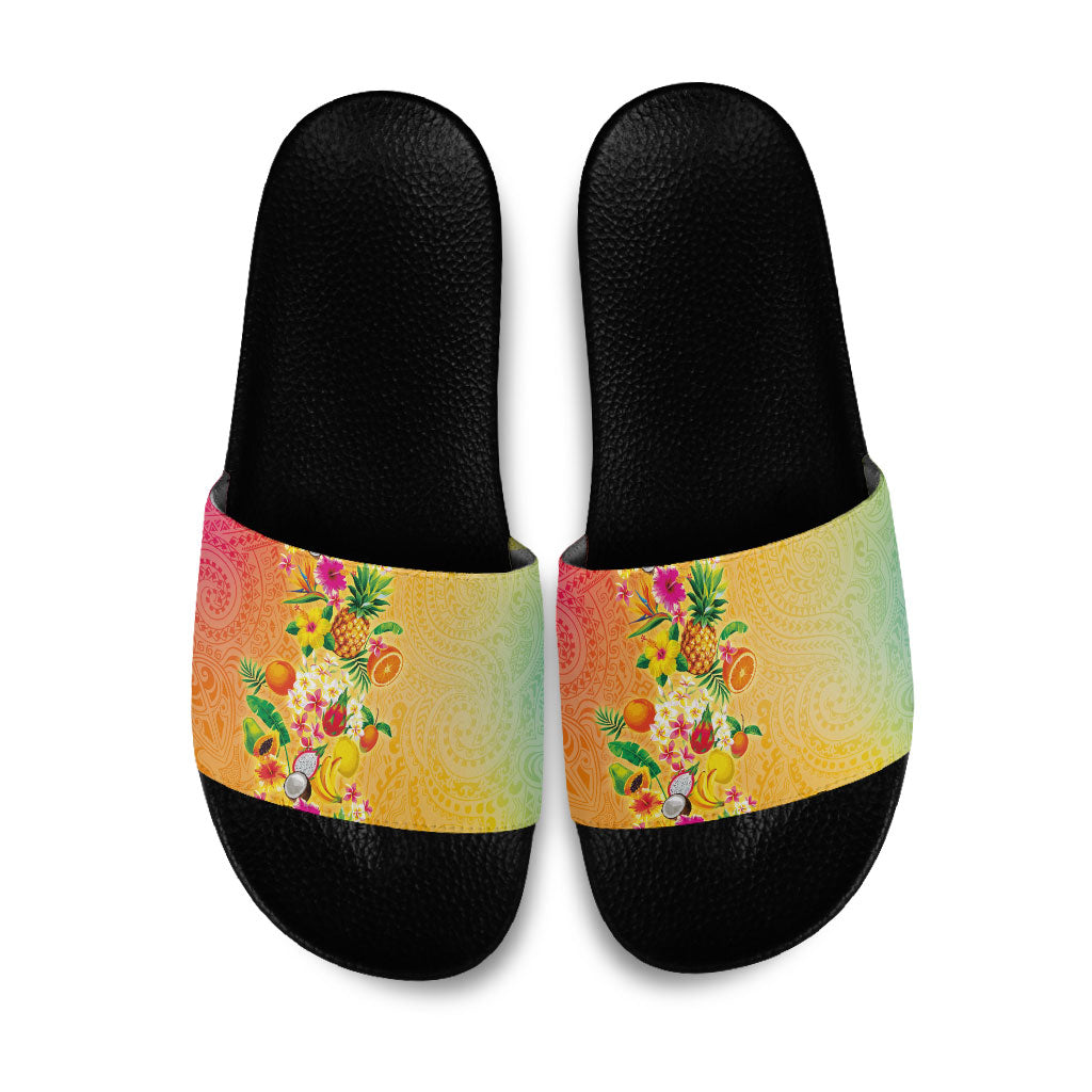 Hawaiian Tropical Fruits and Plants Slide Sandals Kakau Pattern Summer Vibe LT03 Multicolor - Polynesian Pride