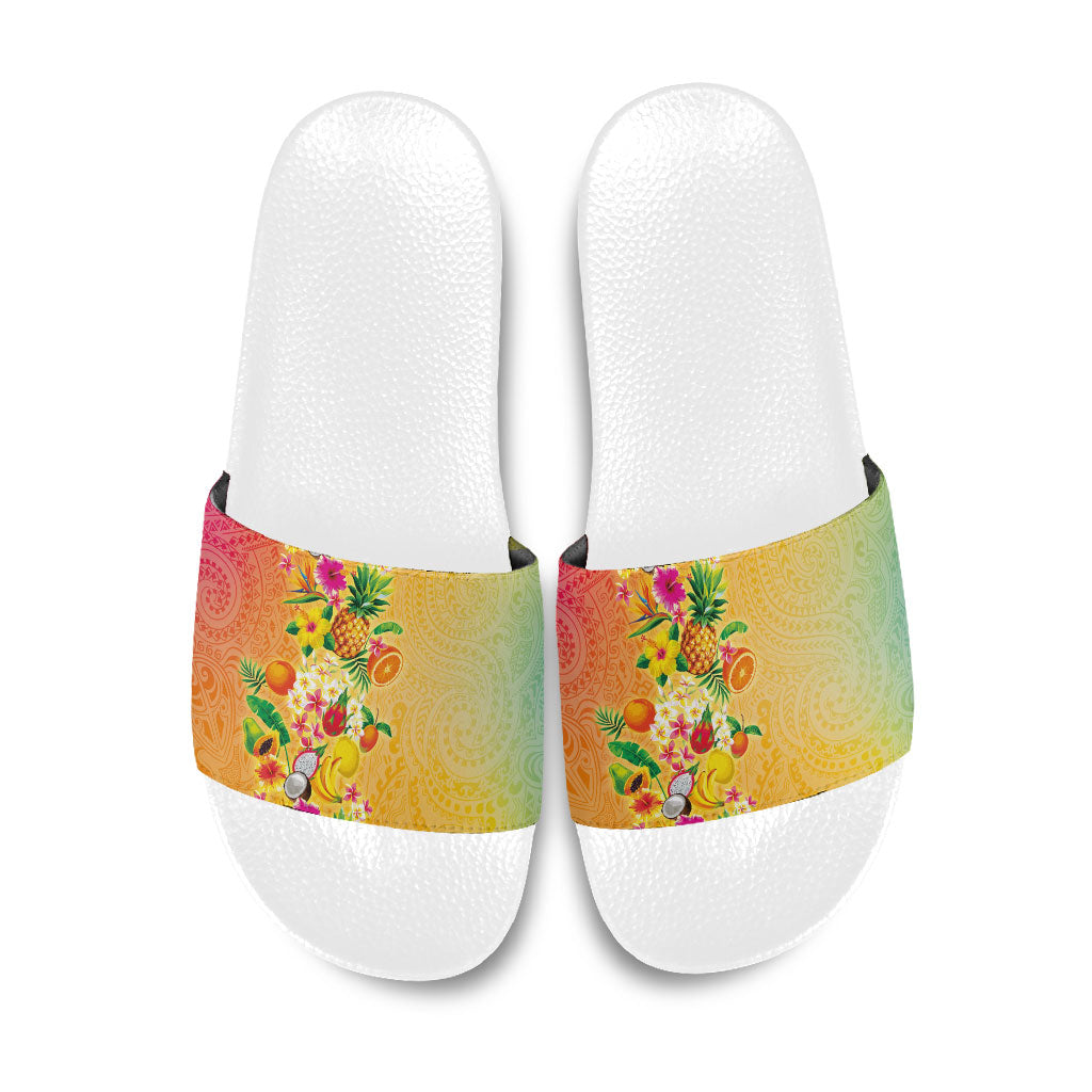 Hawaiian Tropical Fruits and Plants Slide Sandals Kakau Pattern Summer Vibe LT03 Multicolor - Polynesian Pride